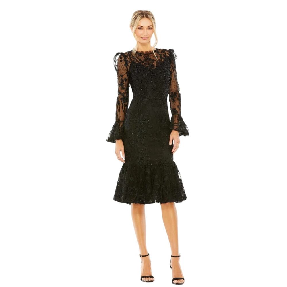 NWT Mac Duggal Ruffle Wrist Embellished High Neck Midi Dress, Black, 14, 498$